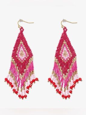 Myra Bag Lifesong Pink and Red Beaded Fringe Earrings with Gold Accents